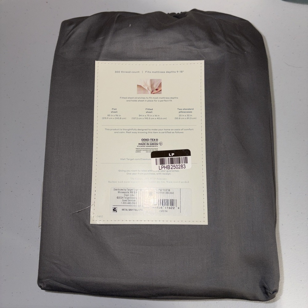 Casaluna Supima Percale Sheet Set Full Size Dark Gray 250 Thread Count